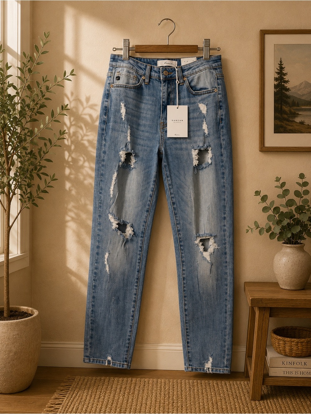 KanCan Distressed Light Blue Straight Leg Jeans